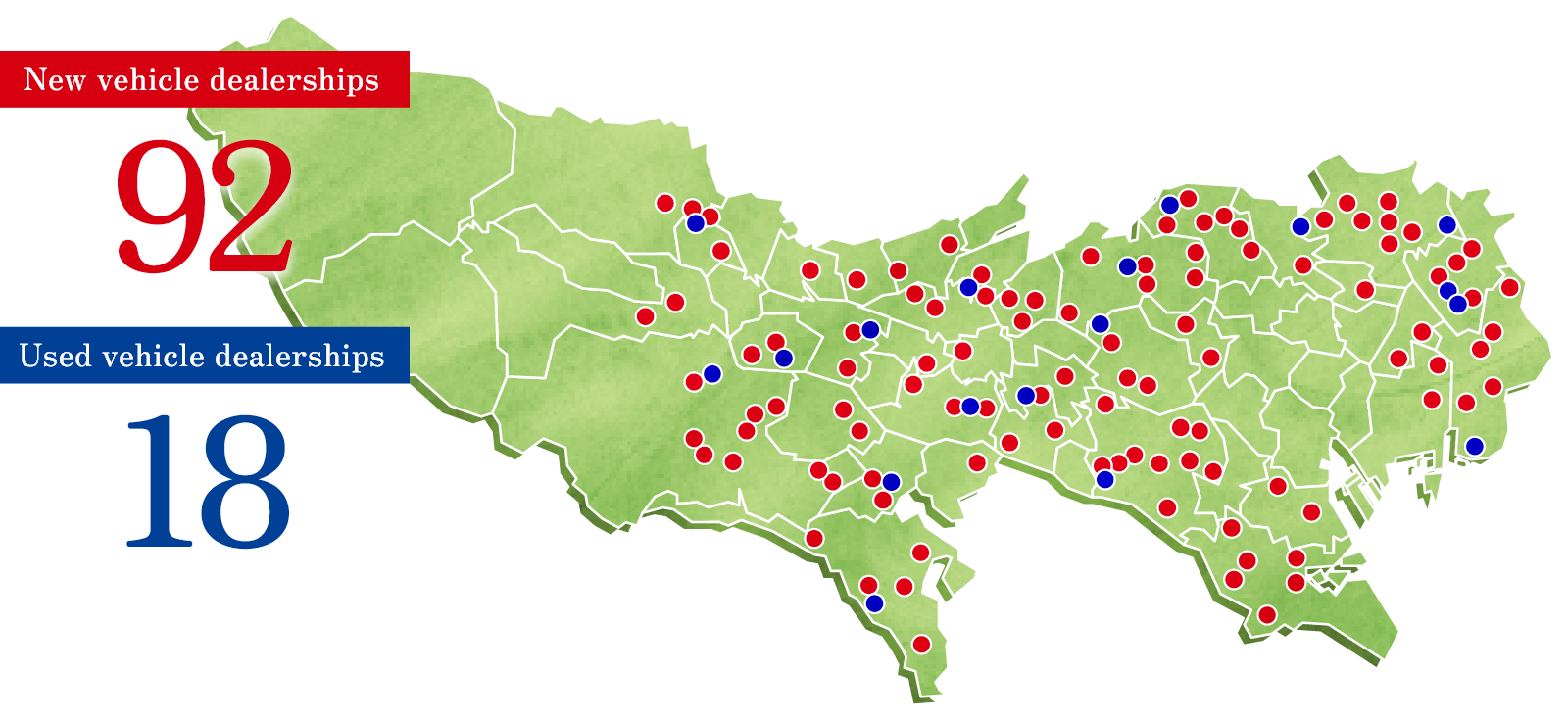 New vehicle dealerships 92 Used vehicle dealerships 18