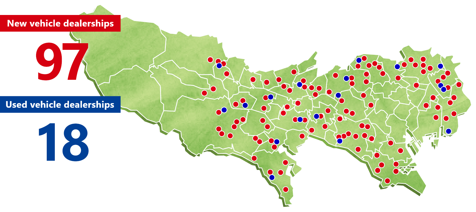 New vehicle dealerships 97 Used vehicle dealerships 18
